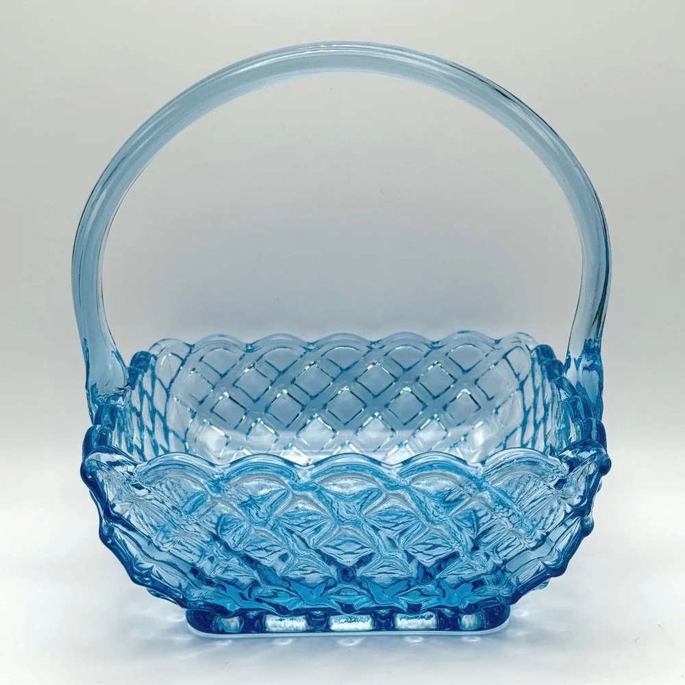Vintage L.E. Smith Blue Glass Trellis Basket Woven Lattice Handle Cottagecore